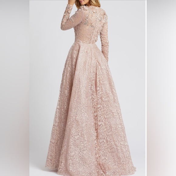 Mac Duggal $998 Embellished Illusion Long Sleeve A Line Gown - mocha Lace weddin - Picture 7 of 12